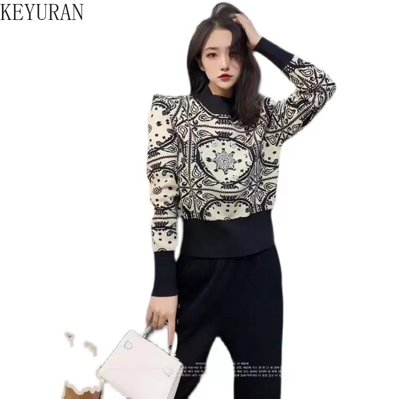 Vintage Jacquard Pullover Sweater Women\'s 2024 New Autumn Winter Ruff Long Sleeve Top Beading Knit Sweaters Jumper Sueter Mujer