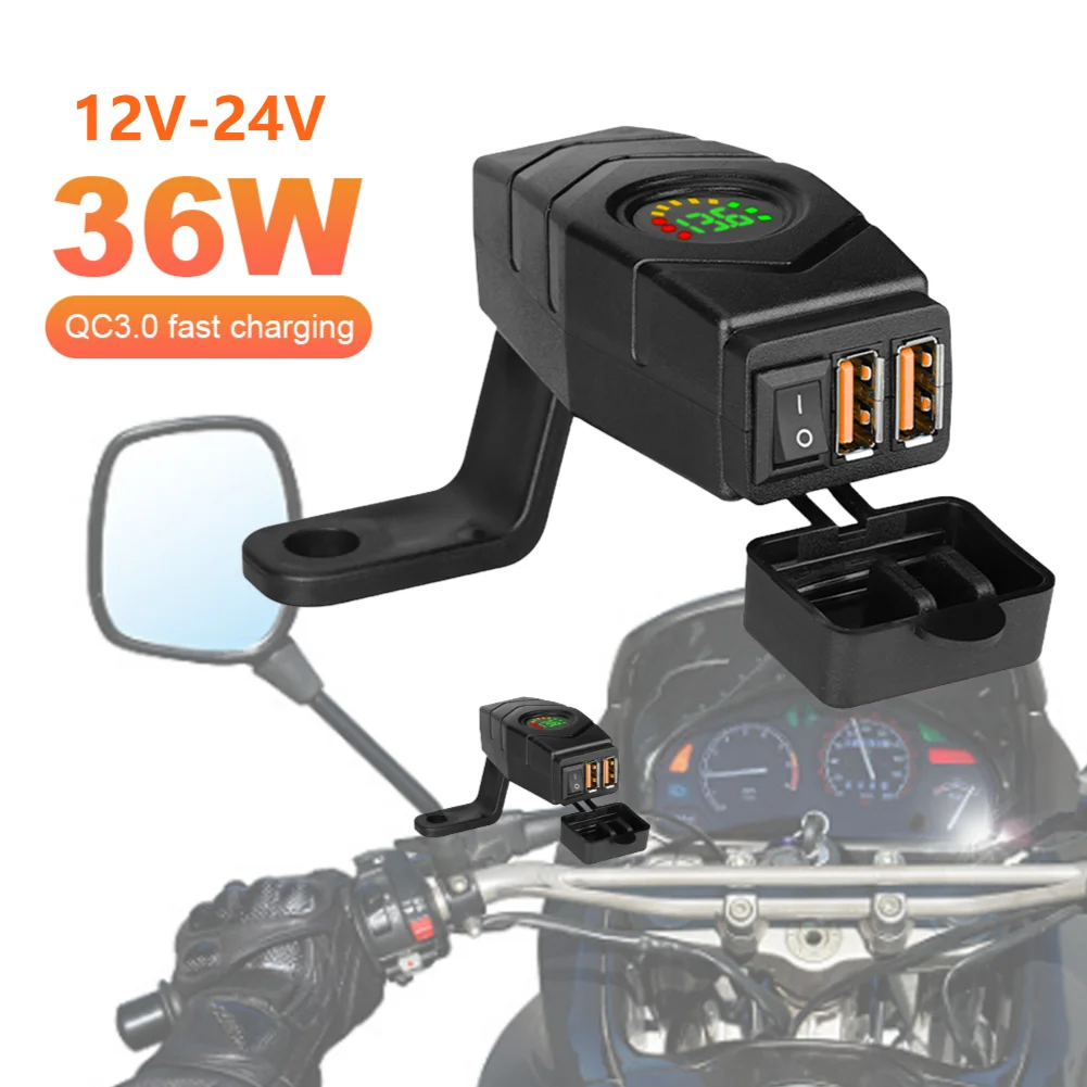 

36W Motorcycle Charger Dual USB QC3.0 Fast Charger Power Adapter Socket Colourful LED Voltmeter with Switch 12V-24V E-bike