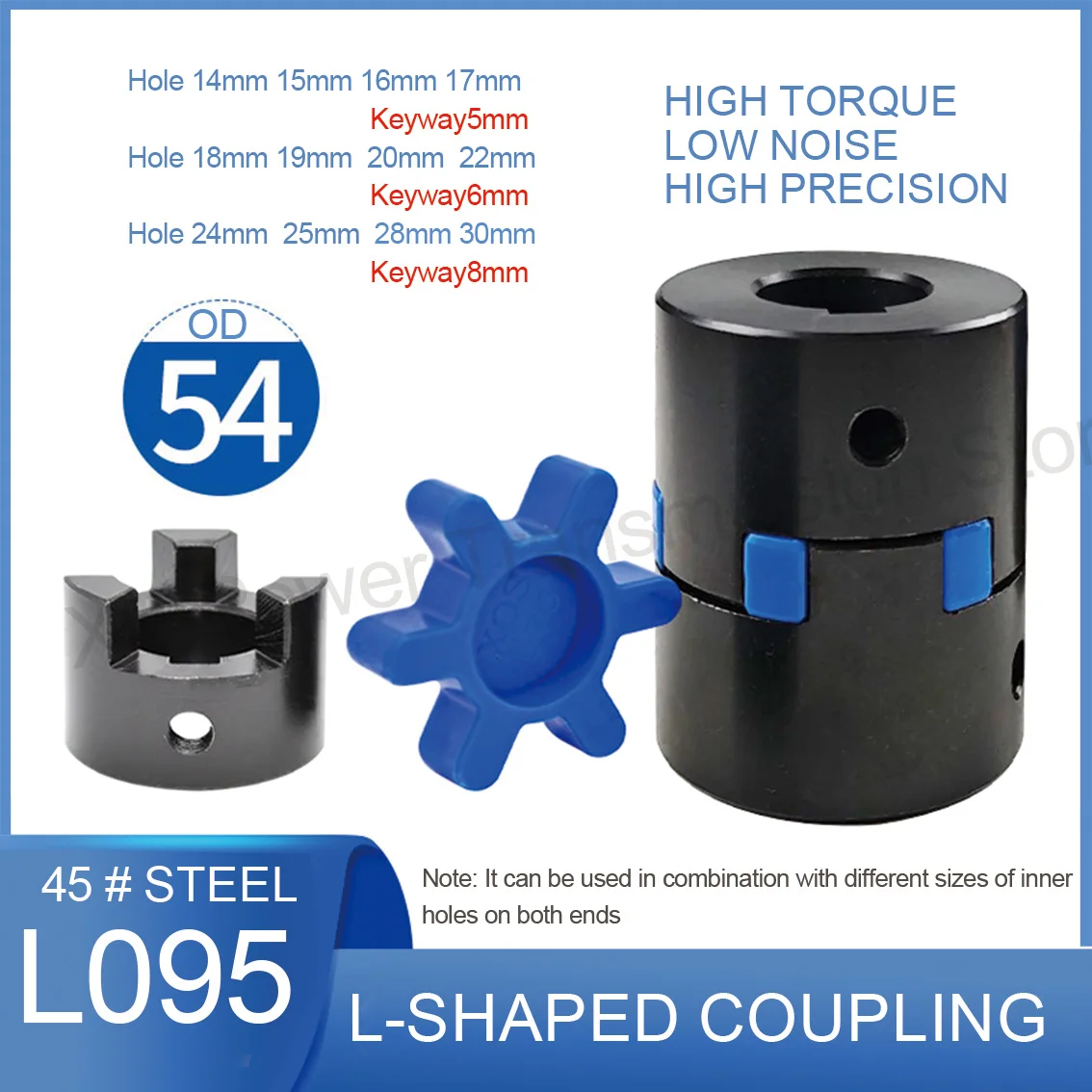 

1Set L095 OD 54mm Height 62mm L-shaped Star Shaped Plum Coupling Three Jaw Coupling Inner Hole14-30mm Keyway 5/6/8mm High Torque