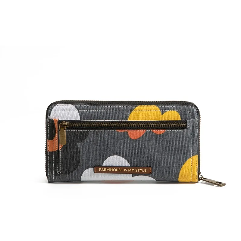 Crazyhorse Wallet Retro Tri-fold Wallet Flower Print Large Capacity Double Zipper Handbag Women's Clutch with Wrist NewYear Gift
