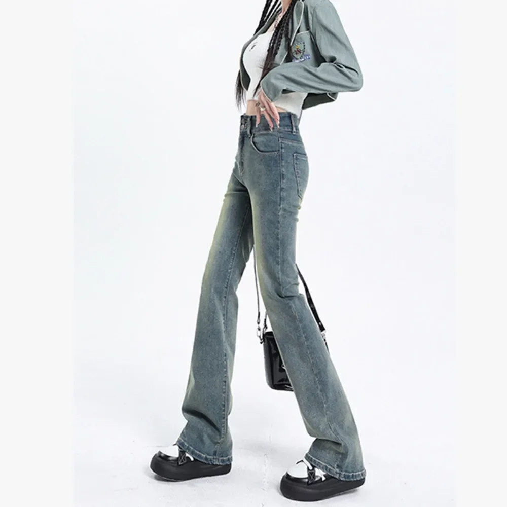 High Waist Stretch Jeans Women Spring Breasted Slim Flare Pants Women Denim Trousers Washed Pockets Regular Jean Pants Female