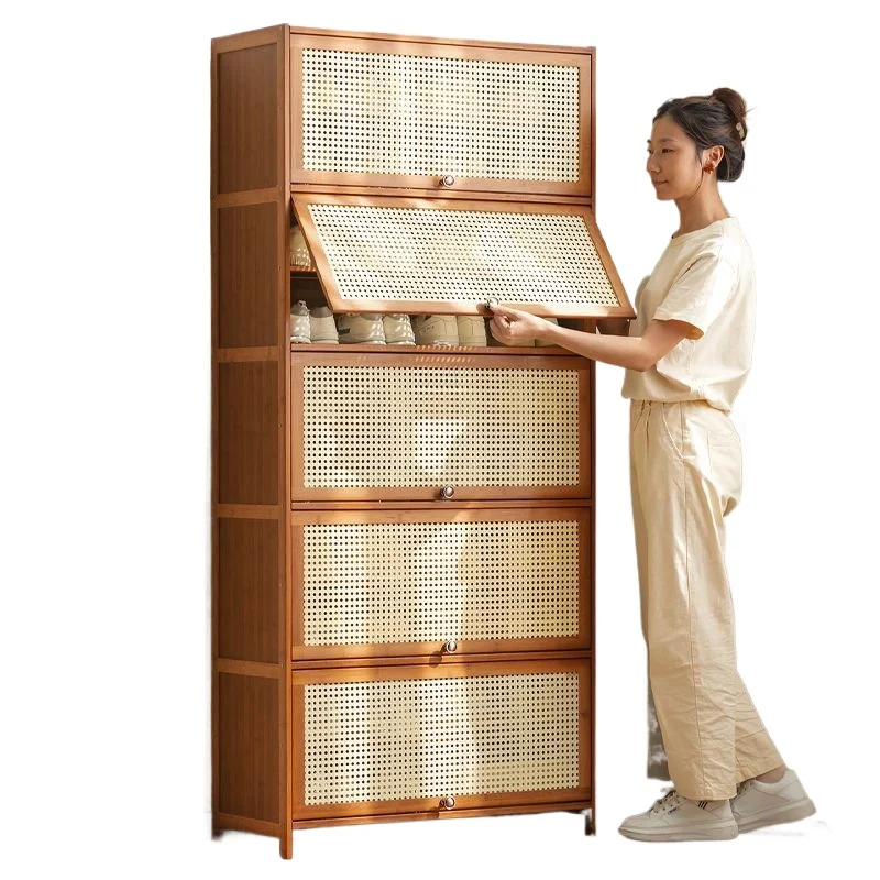 

Modern home solid wood bamboo imitation rattan flip door multi-layer shoe cabinet dust-proof plastic rattan storage