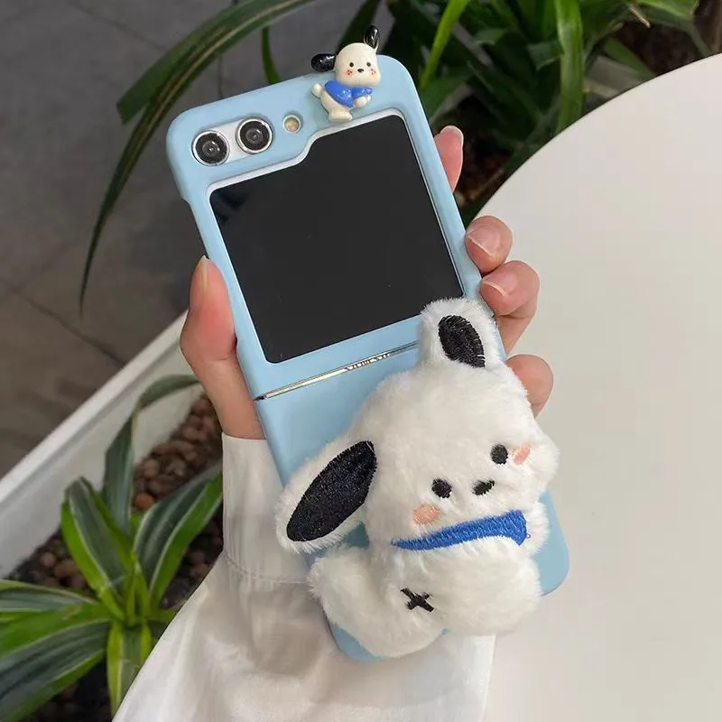 Luxury Furry 3D Cute Dog Holder Phone Case For Samsung Galaxy ZFlip7 Z Flip 6 ZFlip 5 Flip4 3 5G Portable Rope Chain Cover