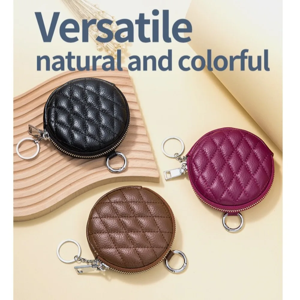 Genuine Leather Round Coin Purse Pendant Portable Car Keychain Mini Bag Key Ring Earphone Pouch with Zipper Card Holder Bag Case