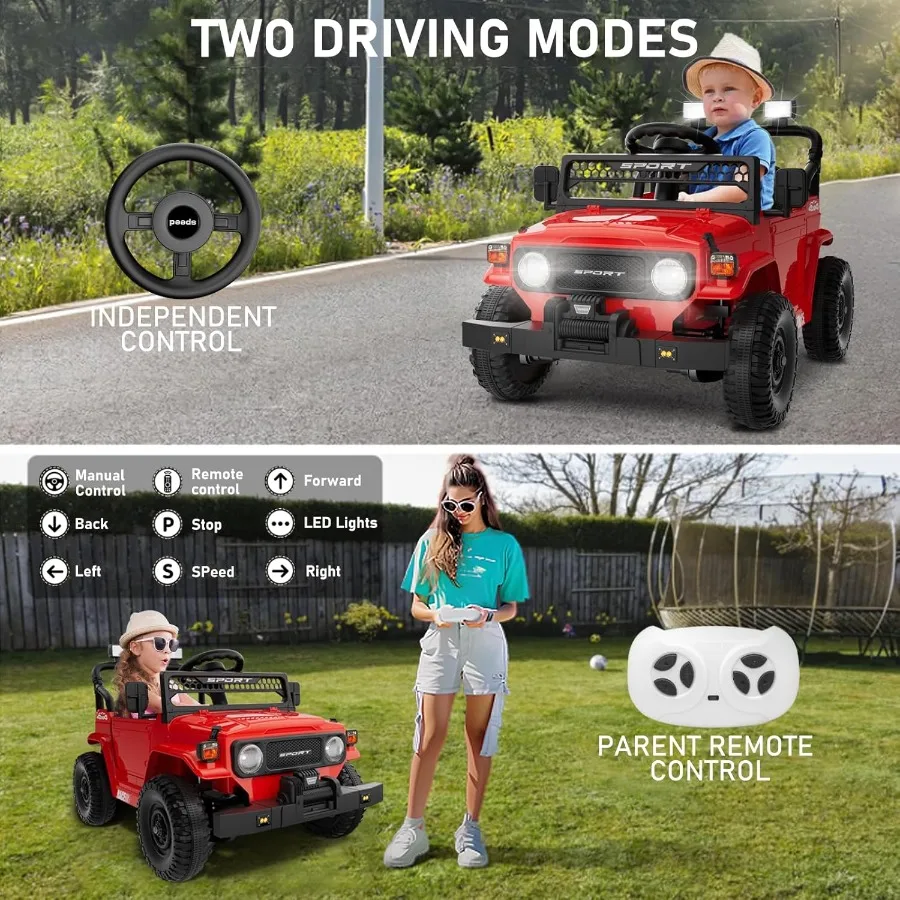 12Vリモコン付き乗用玩具車、3歳以上の女の子向け、子供用電動ジープ、スプリングサスペンション、Bluetooth、音楽、LED搭載、3