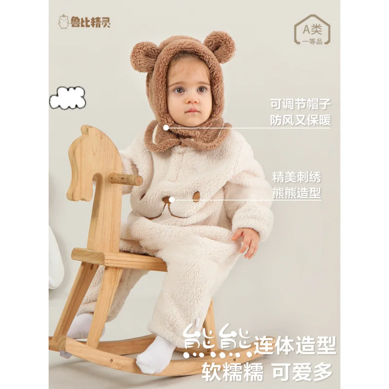 2024Baby Spring, Autumn and Winter New Coral Fleece Home Romper Lapel Romper Flannel Thickened Jumpsuit with Hat