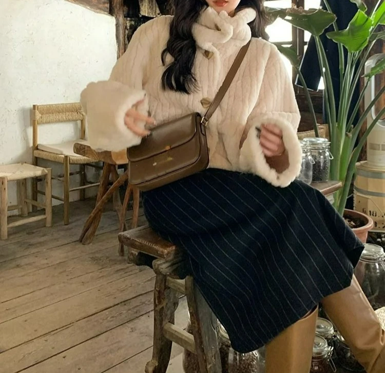 2025 Autumn and Winter New Thick Short Coat Retro Niche Stand Collar Warm Plush Coat for Women