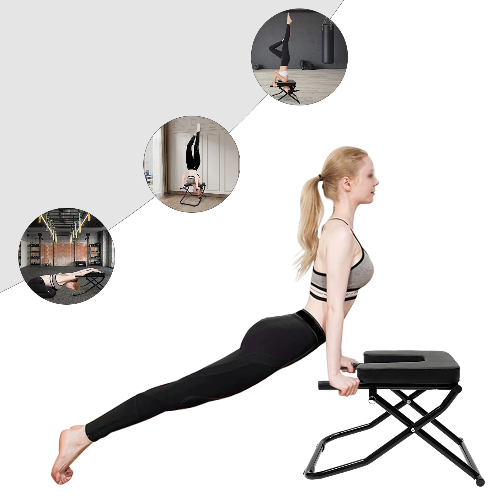 Yoga Headstand Bench Inversion Chair W/Anti-slip Handrails Gym Fitness Accessory Pilates Chair W/Back Support 330.7 lbs Capacity