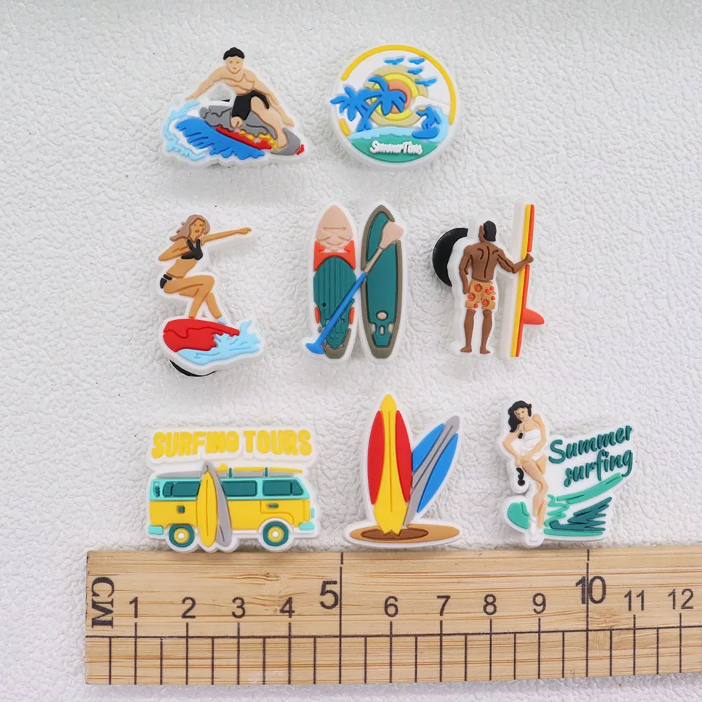 Mix 50pcs PVC Shoe Charms Summer Surfing Tours Boating Time Bus Man Woman Sandals Shoes Decoration Wristbands Party Xmas Gifts