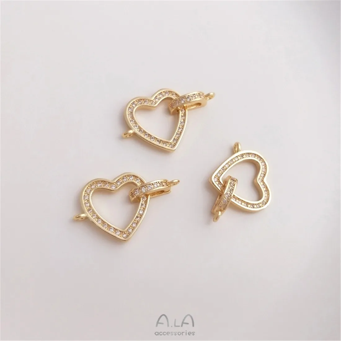 Peach Heart Jewelry Buckle 14K Gold-filled Micro Inlaid Zircon Heart-shaped Pearl Buckle Double Pendant DIY Connecting Buckle