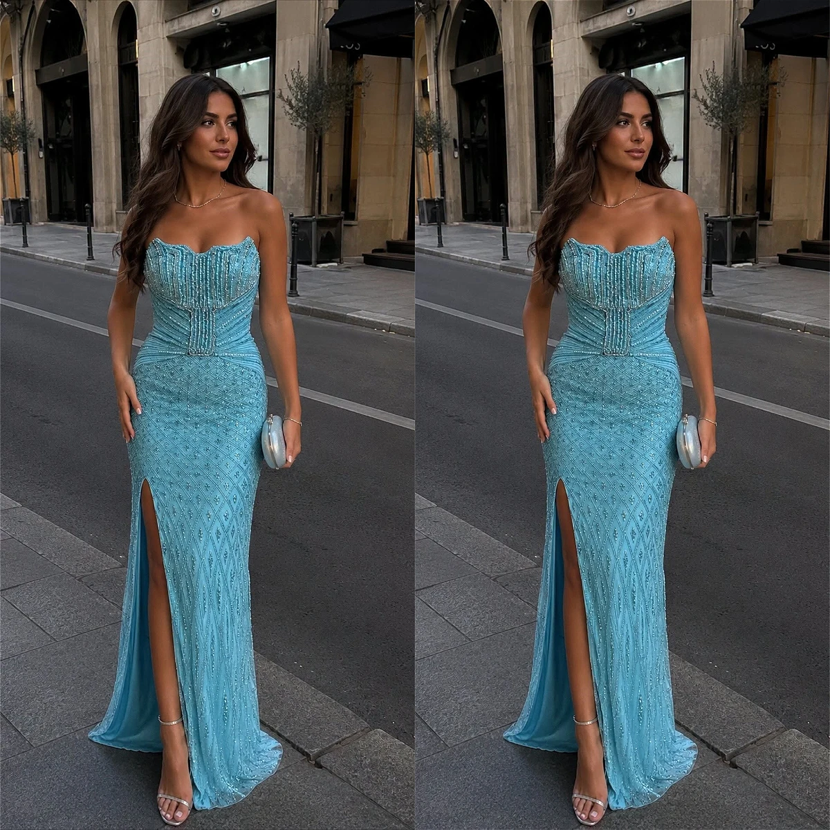 

Customized Mermaid Slit Long Evening Dress Strapless Sweetheart Rhinestone Diamond Mesh Fitted Bodycon Wedding Guest Dress