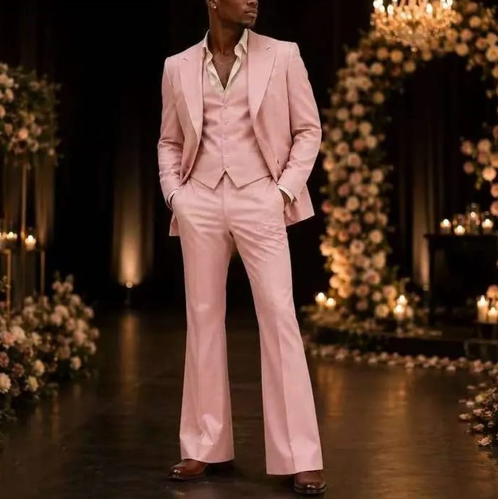 Pink Bell-bottoms Men Suit Business Prom Wedding Party Formal Groom Groomsman Male Tuxedos 3 Piece Set Jacket Vest Pants