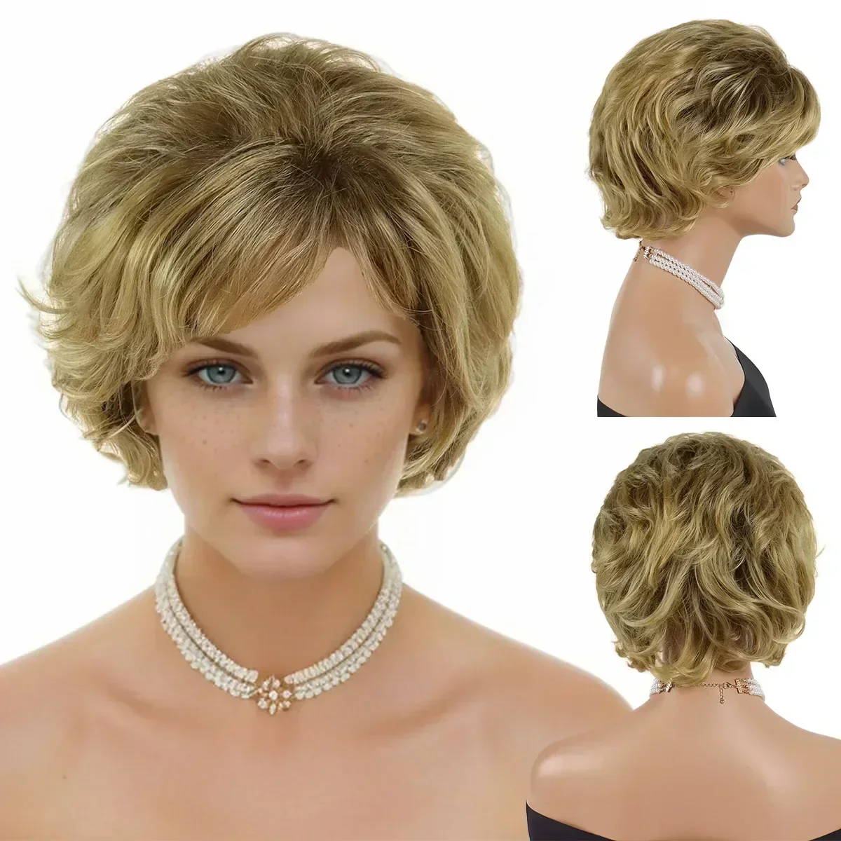 

Synthetic Short Mixed Golden Blonde Curly Wigs for Women Natural Hairstyle Mommy Wig Short Haircut Bob Wig Female Wig with Bangs