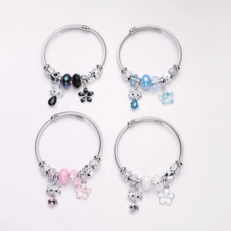 Cartoon Character Hello Kitty Kawaii Anime Stainless Steel Crystal Adjustablet Bracelet Beads Jewelry Accessories Gift