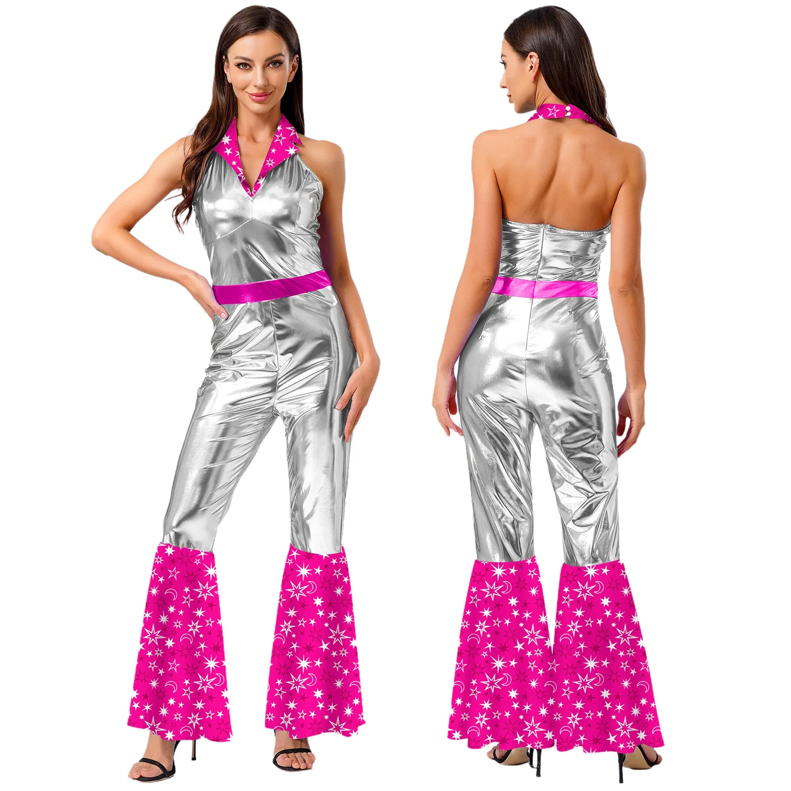 Womens 70s Disco Jumpsuit Vintage Halter Flared Jumpsuit Shinny Patchwork Costume for Themed Party Nightclub Dancing Dress Up