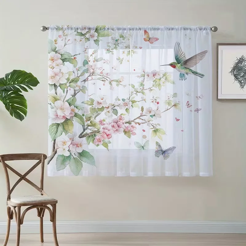 2PCS Watercolor Cherry Blossom & Hummingbird Sheer Curtains - Romantic Botanical Window Drapes