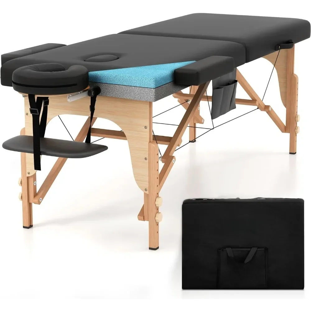 Mesa de masaje de espuma viscoelástica, cama de masaje plegable portátil de primera calidad, altura ajustable, cama de spa con accesorios y estuche de transporte