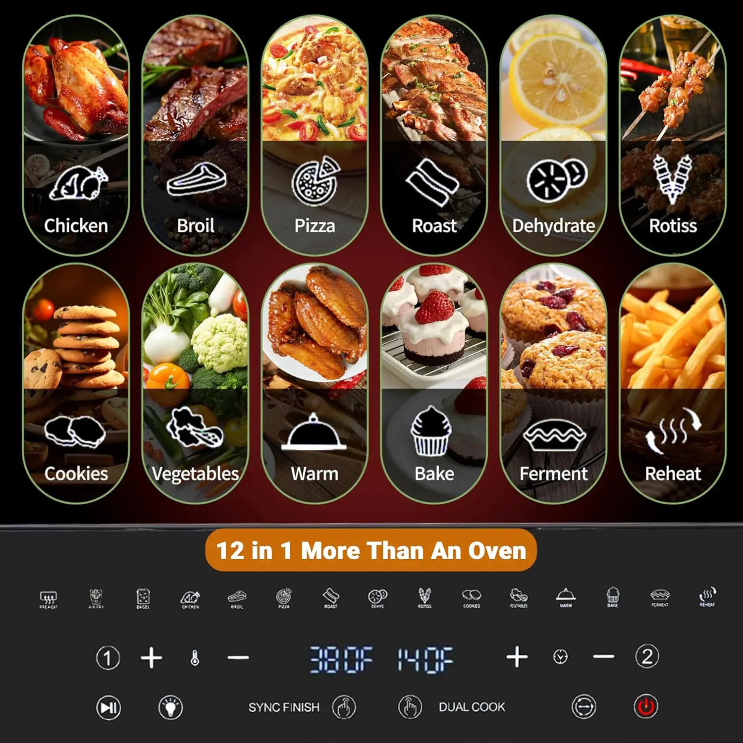 24Qt Large Air Fryer Toaster Oven - 15 Functions, Dual Zone Control, Stainless Steel, 13 Accessories & Cookbook