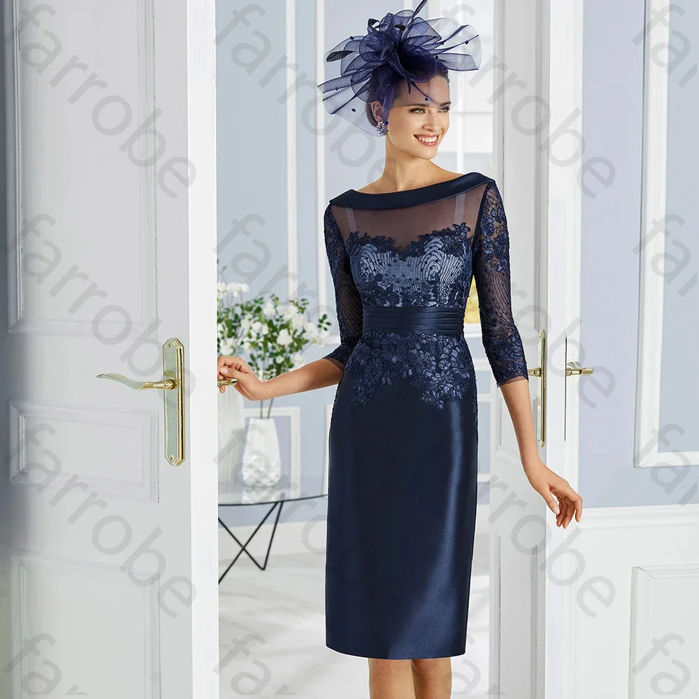 Customized Classic Navy Blue Mother Of The Bride Dresses Knee Length Lace Wedding Guest Gowns Three Quarter Sleeves Back Out