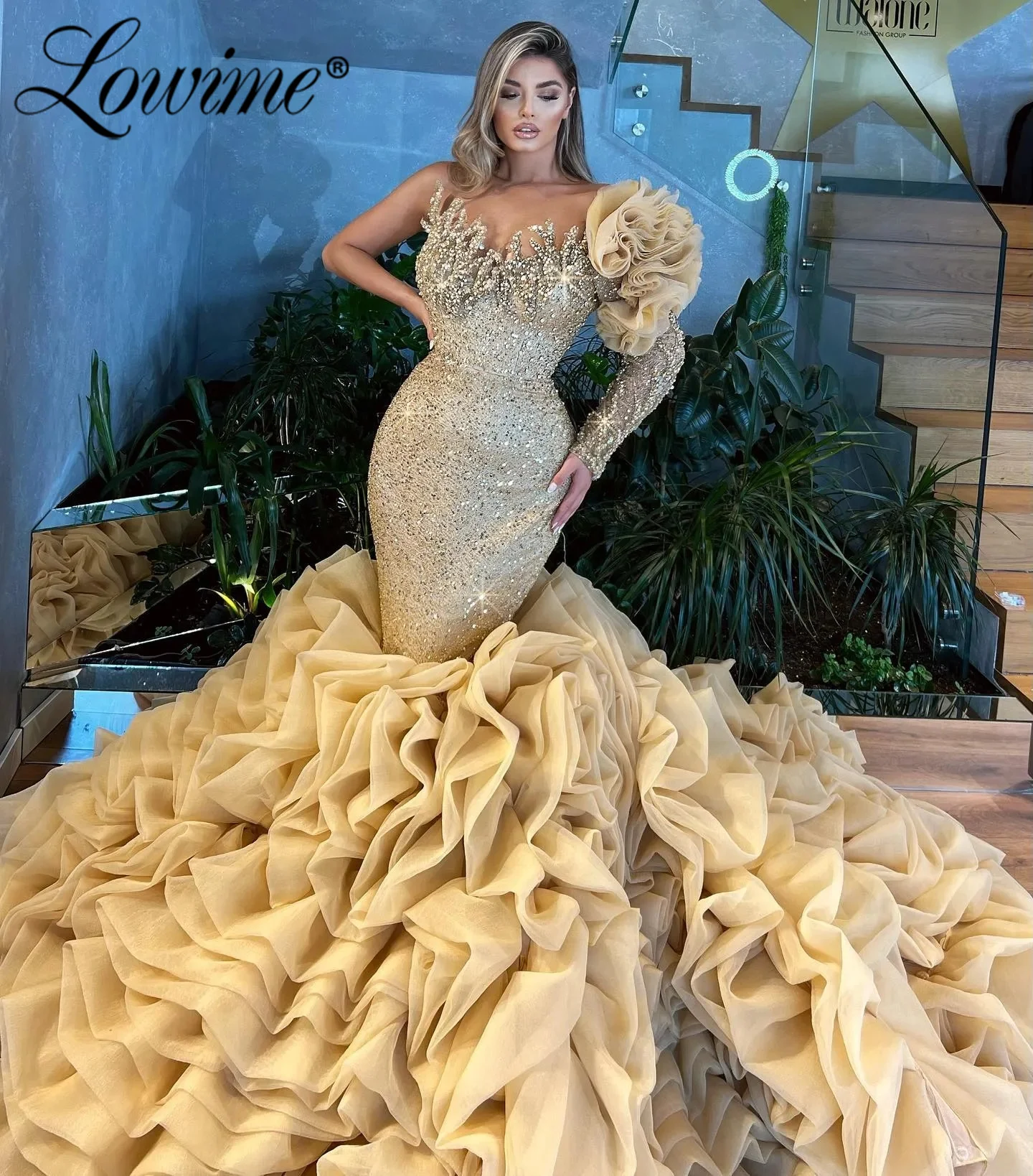 Gold Sequins Beaded Mermaid Prom Dresses Applique Crystals One Shoulder Ruffles Tiered Wedding Party Dress Long Evening Gowns