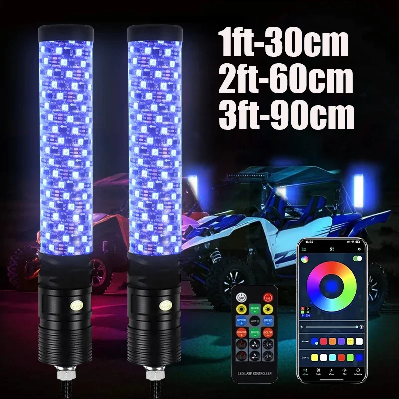 LED Whip Lights 1/2/3FT APP Control Flagpole Antenna Whips RGB Waterproof Bendable with Remote APP Music Control for SUV RZR ATV