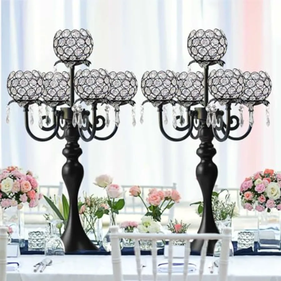

Pcs Elegant 5-Arm Tea Light Crystal Candle Holder with Pendant Chain and Round Crystal Bowl -.5 Inch Tall Wedding Table Centerp