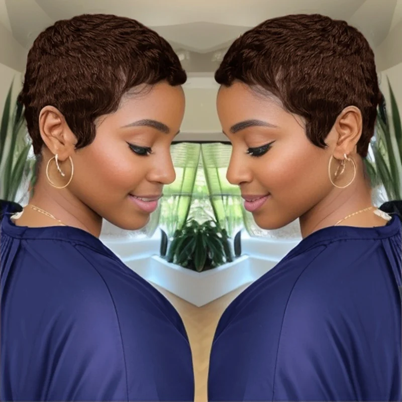 브라질 인모 풀 머신 메이드 가발 짧은 레이어드 픽시 헤어컷 여성용 헤어스타일