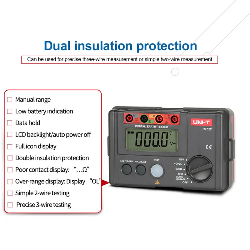 UNI-T Digital Earth Resistance Testers UT521 UT522 2000Ω 4000Ω Grounding Resistance Meter Ohm Meter 2-wire 3-wire Testing