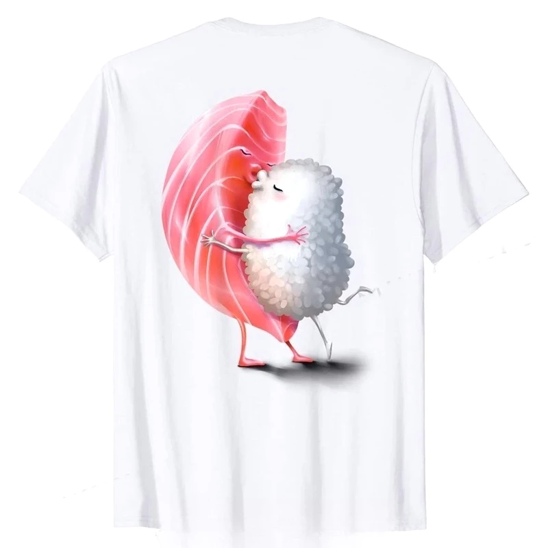 Romantic Japanese Tuna Sushi Hug and Kiss on Valentine Day T-Shirt Unisex T Shirt Women Vintage Casual Short Sleeve Funny Tees