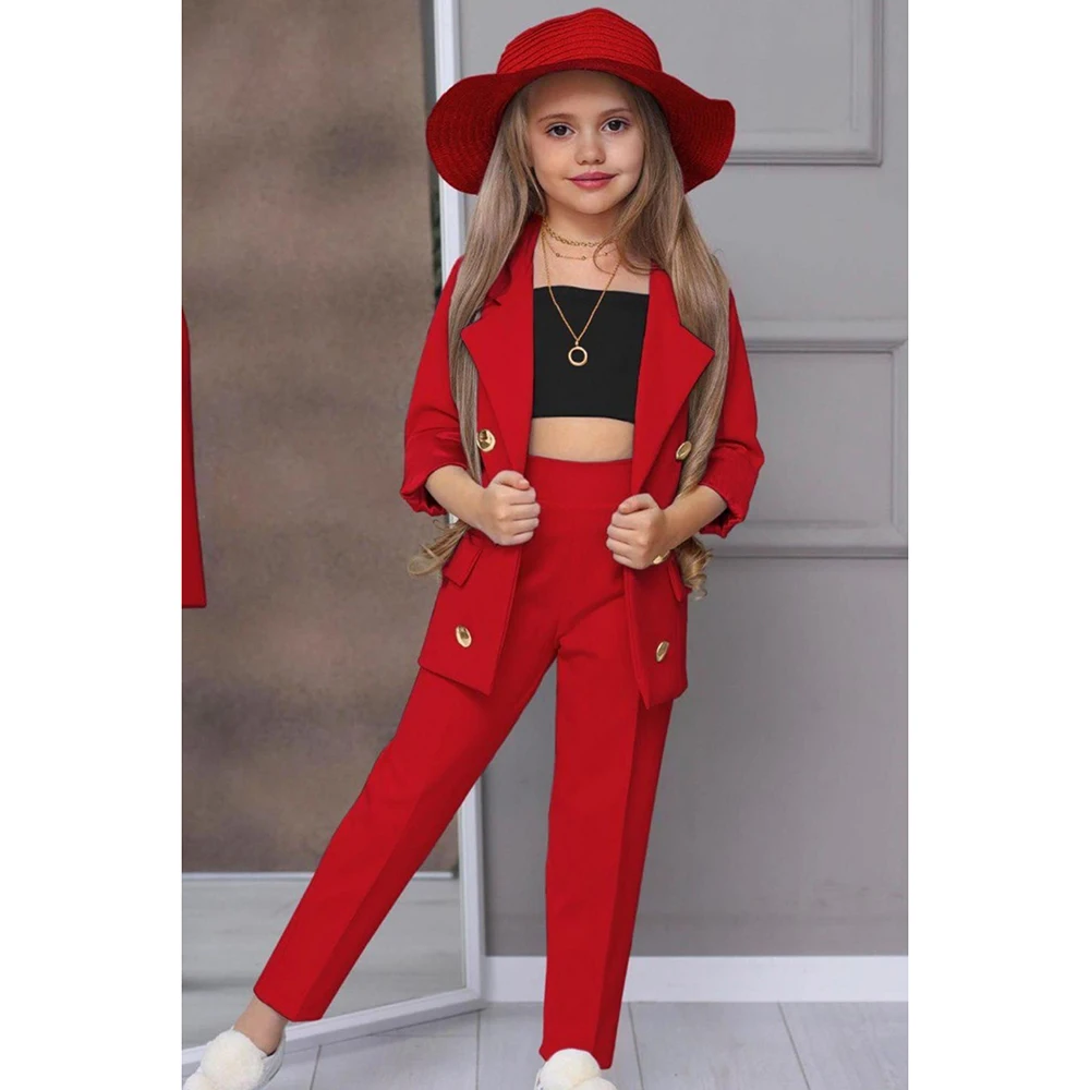 Elegant Solid Suit for Girls Fashion Notch Lapel Double Breasted Child Sets Casual Formal Party Wedding Girls Suit 2 Piece