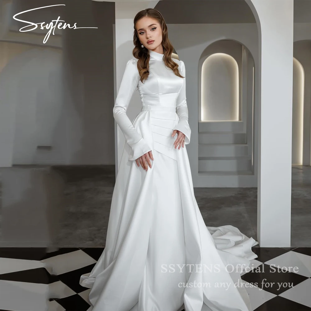 Formelle Brautkleider High Neck Lange Ärmel Meerjungfrau Braut Brautkleider Bodenlang Muslim Bespoke Weiß Standesamtliche Hochzeit