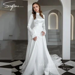 Formal Wedding Dresses High Neck Long Sleeves Mermaid Bride Bridal Gown Floor Length Muslim Customized White Civil Wedding Dress