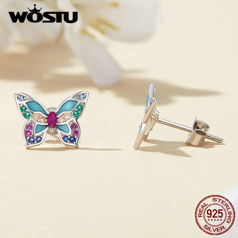 Wostu 925 prata esterlina arco-íris cz libélula borboleta brincos bonito inseto orelha studs meninas filha festa de aniversário presente