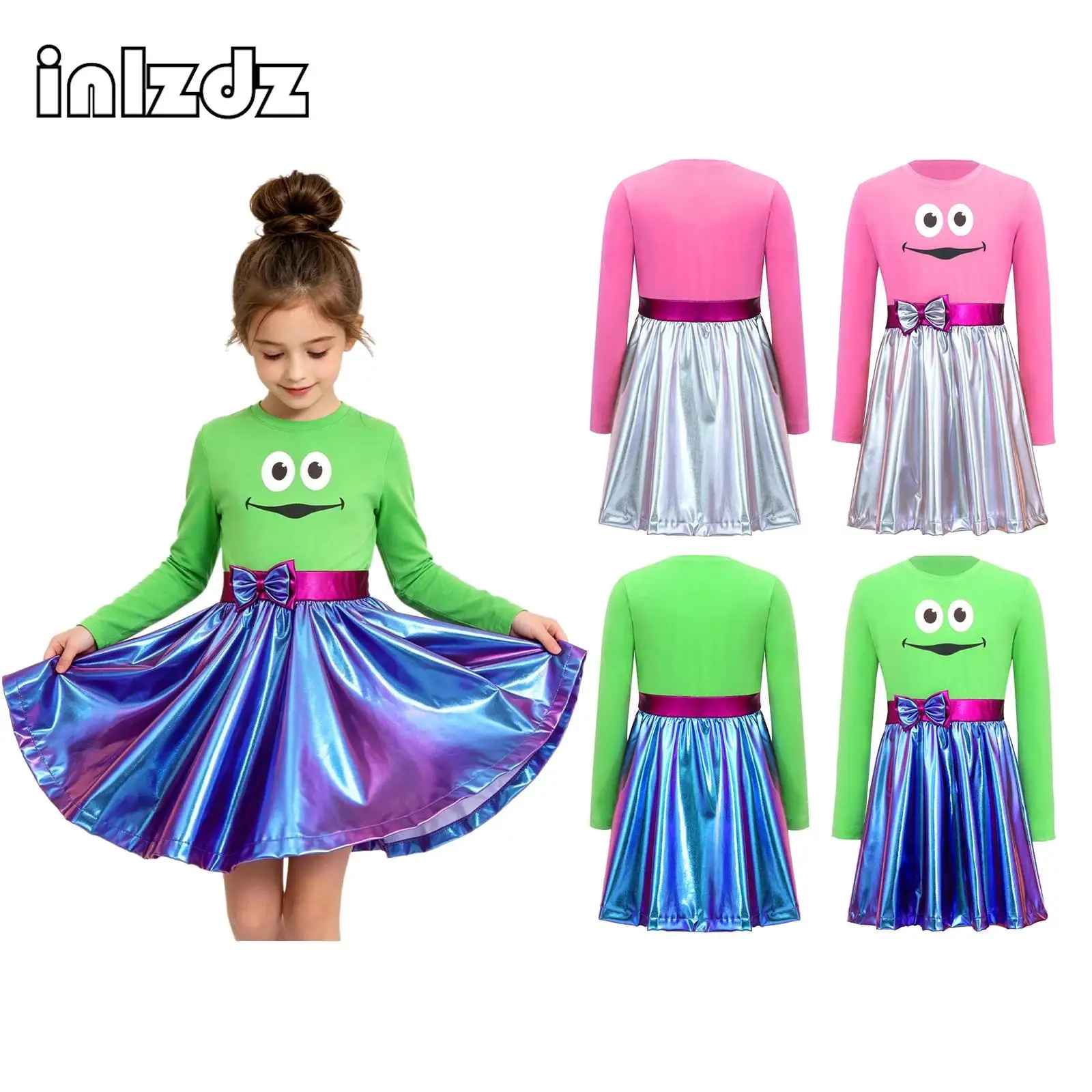 

Kids Girls Ballet Gymnastics Cartoon Dress Childish Print Metallic Shiny A-line Hem Dress for Figure Skating Dance Performance