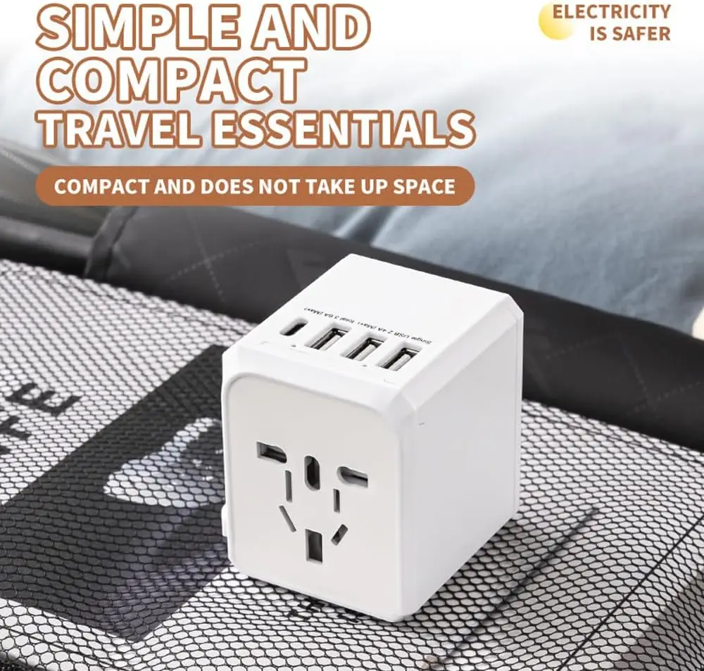 Travel Power Adapter with 3 USB A 1 USB C Portable Quiet Travel Voltage Converter for Hairdryer Phone Camera Watch for US EU UK