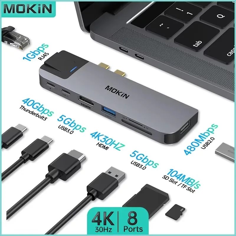 محطة إرساء موكين 8 في 2 USB C Hub USB Type-C 3.0 HDMI 4K30 هرتز RJ45 1Gbps لأجهزة الكمبيوتر المحمول MacBook Air/Pro Thunderbolt