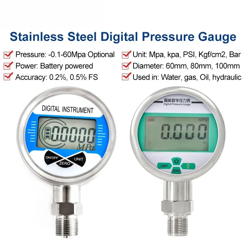 

Battery Powered Stainless Steel Intelligent Digital Display Pressure Gauge High-precision Water Air Vacuum Pressure Meter