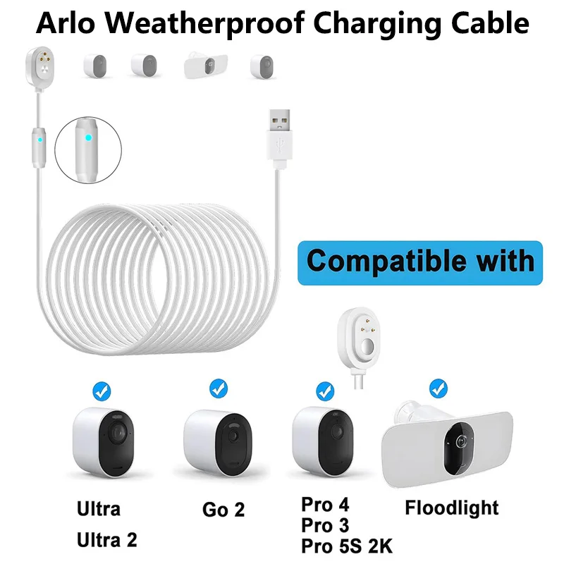 32.8 ft/10m Weatherproof Outdoor Charging Cable for Arlo Pro 5S 2K, Pro 4, Pro 3, Floodlight, Ultra 2, Ultra, and Go 2 Cameras