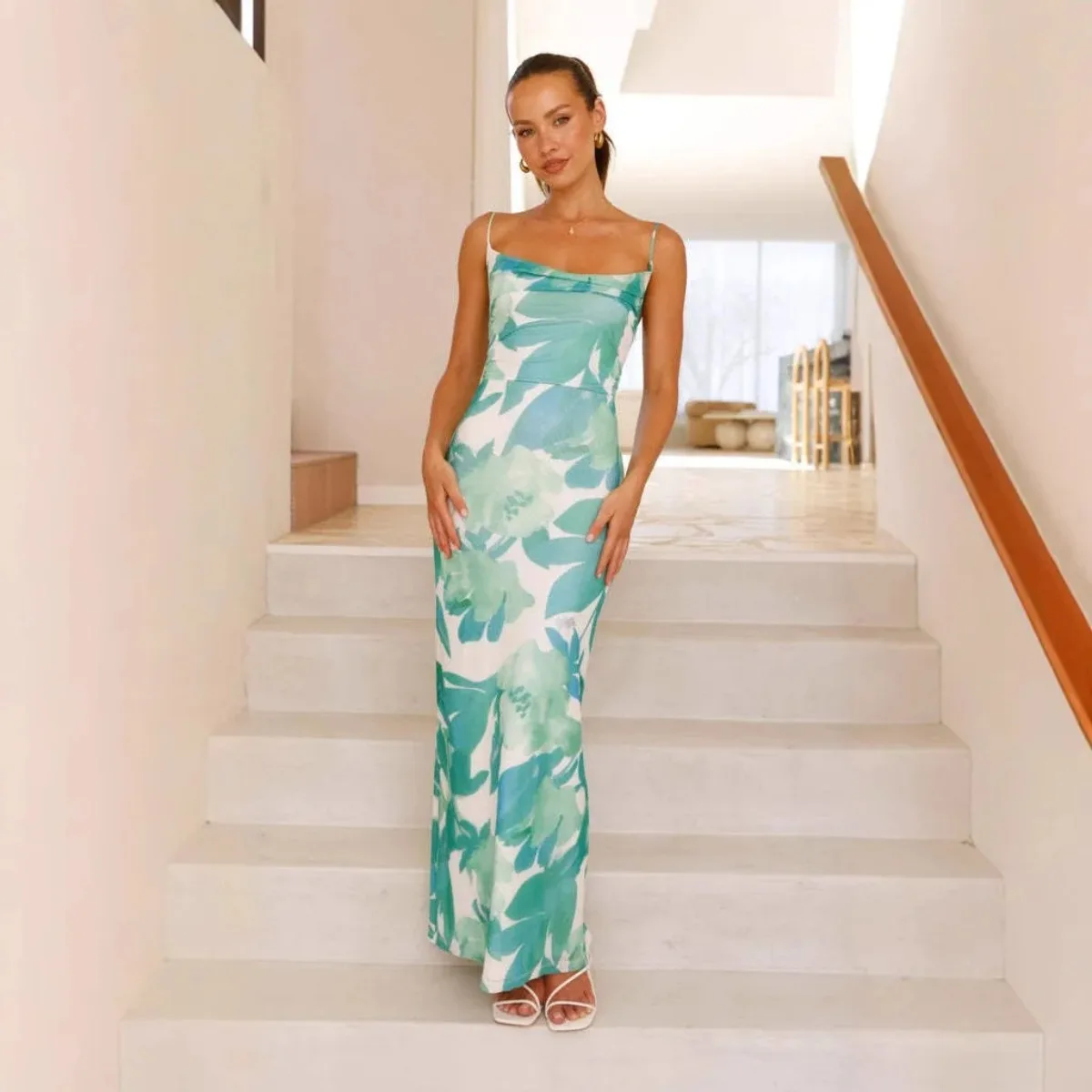 Damen Sommer Bedrucktes Ärmelloses Tanktop Trägerloses Neckholder-Top Sexy Figurbetontes Langes Kleid für Urlaub und Dates