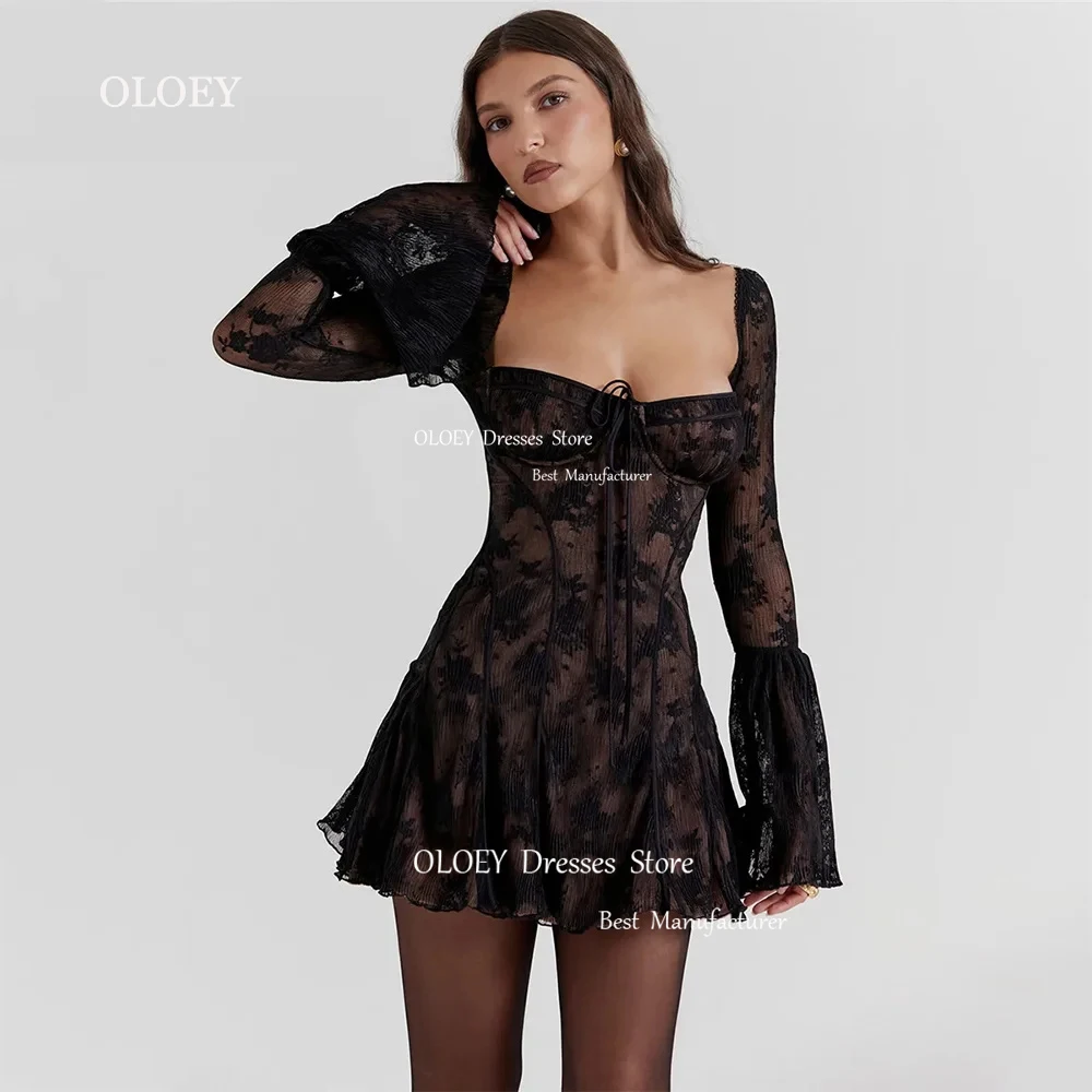 

OLOEY Black White Lace Mini Prom Party Dresses Women Long Puff Sleeves Sweetheart Bone Short Evening Dress Sexy Formal Gowns