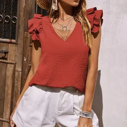 Summer Women's Elegant Casual V-neck Solid Office Ruffled Top Lotus Leaf Sleeves Shirt for Women