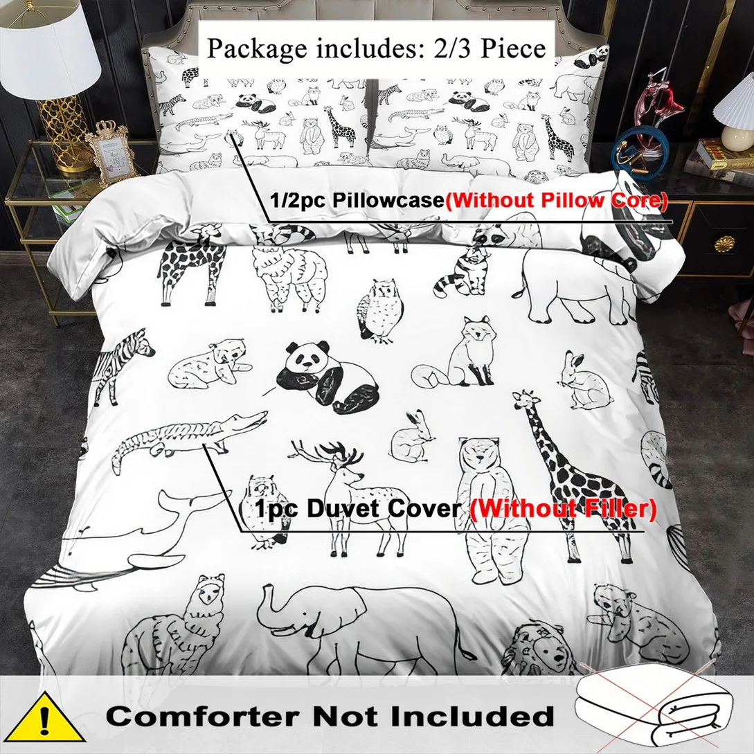 2D Digital Printed Bedding Set, Cartoon Animal Theme Duvet Cover Set, Animal Simple Drawing Printed Bedding Set, 100% Polyester, Machine Washable