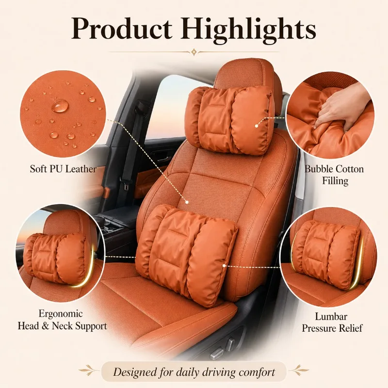 Ergonomic PU Leather Car Seat Pillow Set – Headrest & Lumbar Support – Soft Bubble Cotton Filling for Comfortable Driving