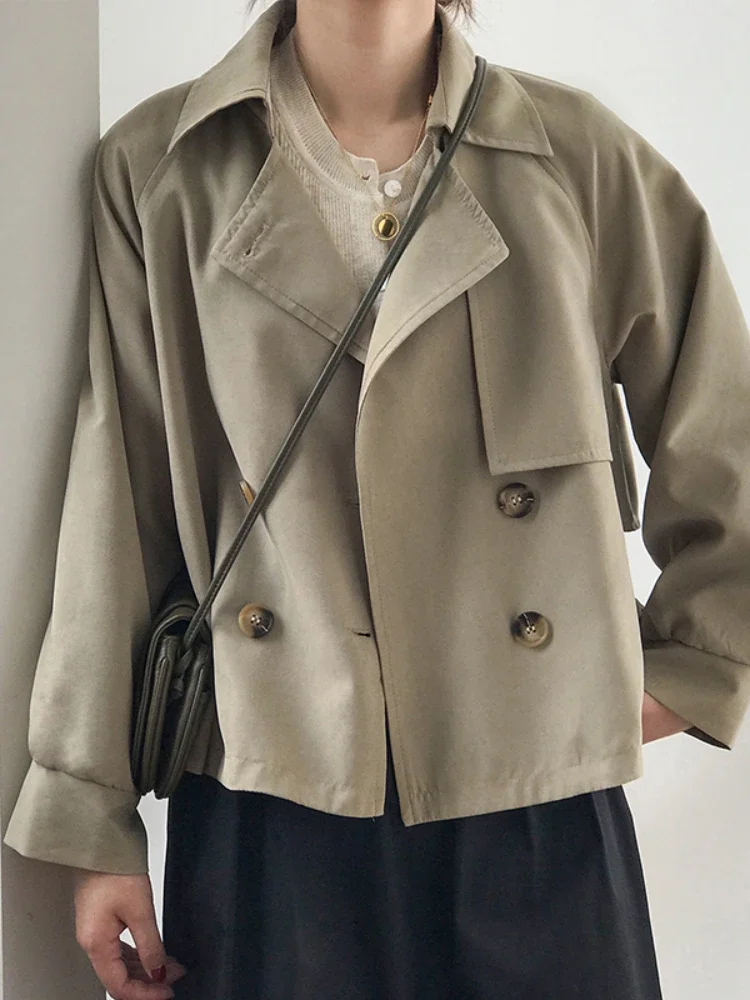 

Japanese Turn down Collar Full Regular Sleeve Khaki Trench Loose Straight Short Khaki Office Lady Fabric Belt Coat E3316