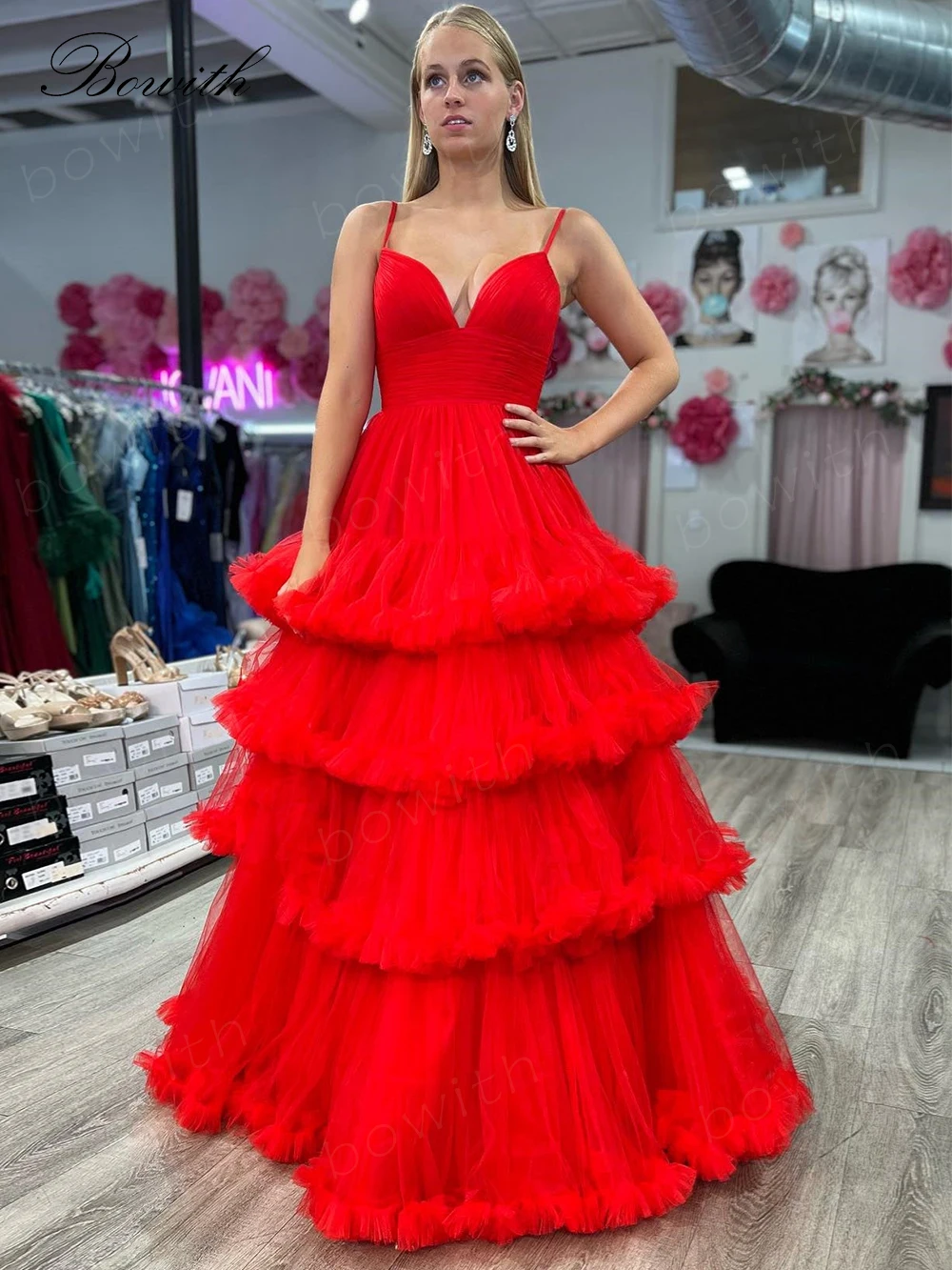 

Bowith Red Evening Dresses Tiered Layers A Line Party Dress for Women Formal Occasion Dresses Puffy Prom Gown