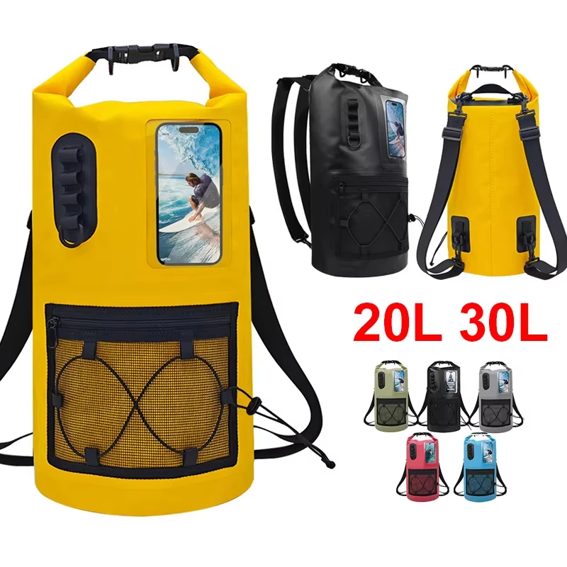 PVC 20L 30L Waterproof Buckle Bag Swimming Dry Bag Outdoor Kayaking Rafting Boating Surfing River Tracing Mesh Backpack