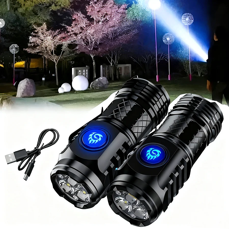 Portable Brightness Mini 3LED Flashlight with Pen Clip，Night Walking, Rechargeable Waterproof Emergency Spotlight Outdoor Torch