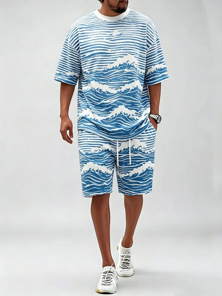 Men Blue White Sea Wave Line Art Baggy Short Sleeve T Shirt Relaxed Fit Casual Shorts Nautical Daily Two Piece Outfit