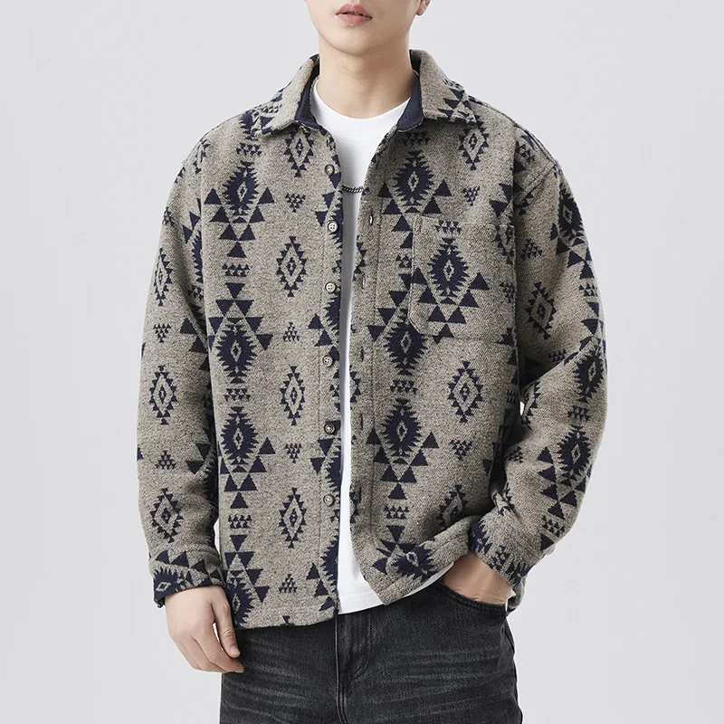 

Мужская осенняя новая уличная ретро мужская простая модная жаккардовая шерстяная свободная рубашка с карманами для улицы, повседневная повседневная рубашка с длинными рукавами, топ