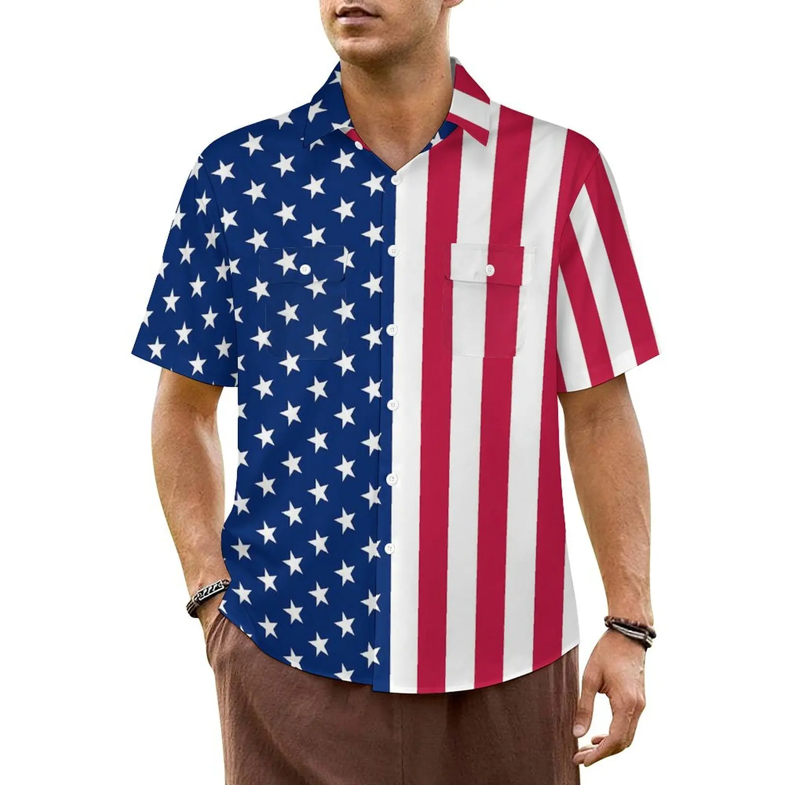 

Hawaiian Shirt Beach Patriotic USA Flag Blouses Stars Stripes Elegant Casual Shirts Male Short-Sleeve Fashion Oversized Clothes